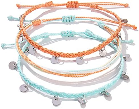FANCY SHINY Boho Ankle Bracelets Waterproof String Anklets Braided Rope Anklet Beach Surfer Anklets Cute Coin Foot Jewelry for Women Teen Girls(Teal/Coral)