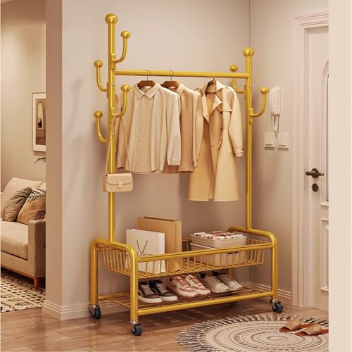 BYJSJY Burro Ropa Con Ruedas,Perchero Colgador De Ropa,Resistente,Metálico,Con Soporte Para Zapatos,Organizador,Perchero De Pie Con Ganchos (Negro)(Gold,60cm(23.6in))