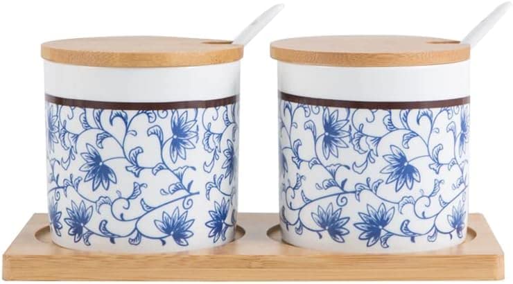 ciotola di zucchero di ceramica, Zuccheriera in ceramica retrò barattolo portaoggetti blu e bianco con coperchio in legno e cucchiaio