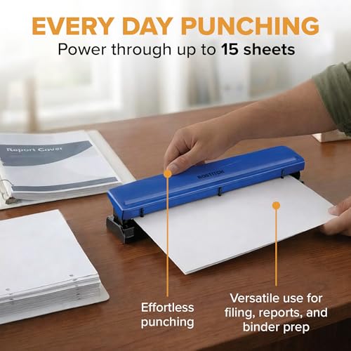 Image of Bostitch 3-Hole Punch, 15 Sheet Capacity, Heavy Duty All-Metal Paper Punch, Non-Slip Base, Easy-Empty Chip Tray, 9 /32 inch Holes, Fits Standard 3 Ring Binders, Office, School & Home, Blue