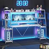 SEDETA White Gaming Desk 78.8'' with LED Lights, Hutch and Storage Shelves, Computer Desk with Monit