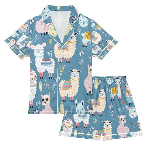 senya Cute Lama Animals Satin Summer Pajama Sets Silk Short Sleeve Button Down Sleepwear