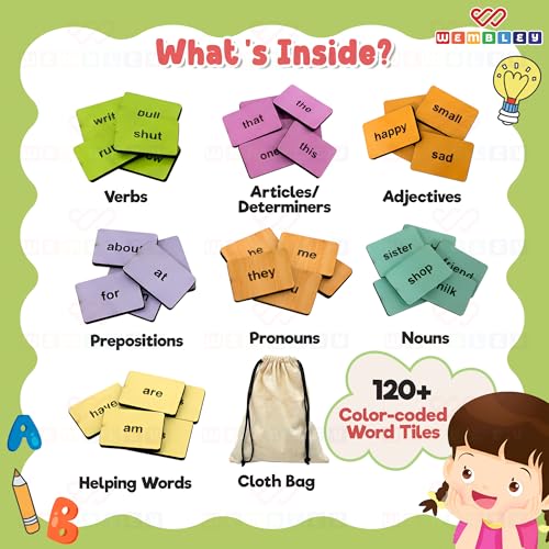 Image of Wembley Sentence Building Game for Kids Age 4-8 Years | Montessori Educational Word Spelling & Vocabulary Learning Toy | English Reading, Grammar & Sight Words Activity with Colorful Word Tiles