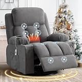 MAHOMICO Swivel Rocker Recliner Chair with Vibration Massage and Heat for Living Room,with Rocking Function and Side Pocket, USB Charge Port,2 Cup Holders