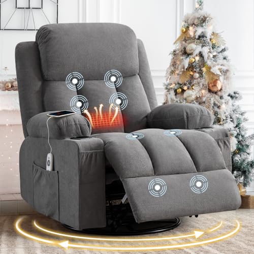 MAHOMICO Swivel Rocker Recliner Chair with Vibration Massage and Heat, USB Port, Cup Holders, Breathable Chenille Fabric, Oversized Grey