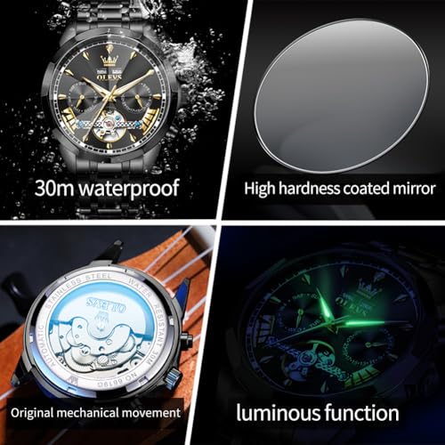 Image of OLEVS Automatic Self Winding Men's Wrist Watch Skeleton Stainless Steel Calendar Chronograph Waterproof Luminous Luxury Gift Branded Watch for Man