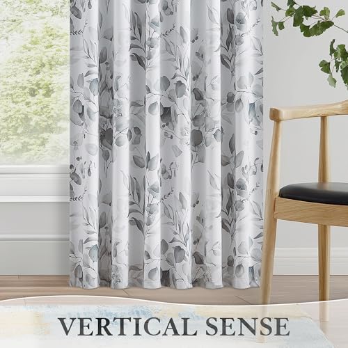 Xwincel HX-LEAFBO52X84GR-2 100% Blackout Curtains Grey Floral Pattern Curtains 84 Inches Long For Bedroom Watercolor Leaf Print Thermal Insulated Drapes For Living Room Darkening Rod Pocket Window Curtains 2 Panels thumb #4