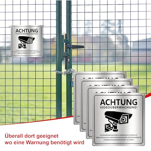 Holtrae 4 Stück Videoüberwachung Schild 15 x 15cm Schild Videoüberwachung Privatgrundstück Gebürstetes Aluminium Kameraüberwachung mit Selbstklebend Für Überwachungskamera Oder Kamera Attrappe