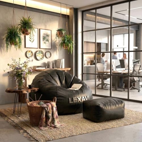 Image of LEXAVI Brand - XXXXXXL Jumbo Bean Bag Chair with Footrest Premium Imported Soft Faux Leather, Extra Comfortable and Big Size to Other Bean Bags Without Beans (Cover Only) I Color- (6XL-Black)