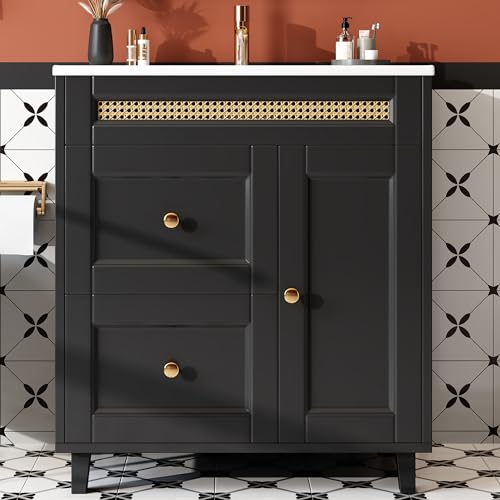 BTM Badunterschrank Waschbecken mit Schubladen, Waschtisch Stehend mit Unterschrank Waschtischunterschrank Schwarz