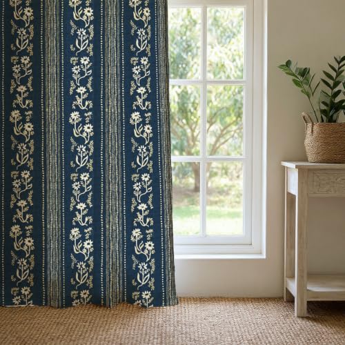 Image of Urban Space 100% Cotton Floral Curtains 5 Feet Long Set of 2, 60-65% Room Darkening, Decorative Curtains with Eyelets /Rings for Hanging, Tieback Included (Garden Trail Indigo, Window - 5 Feet)