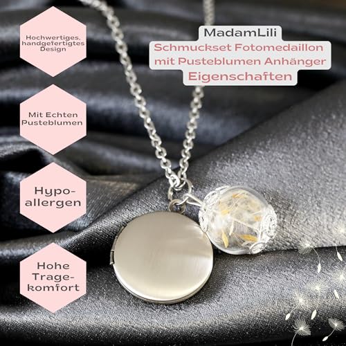 Foto Medaillon Halskette mit Pusteblumen Anhänger - Farbe Rosegold - Kette 70cm - Naturschmuck - Exklusive Geschenkbox (Ohne Gravur und Fotoservice/Farbe ALTSILBER)