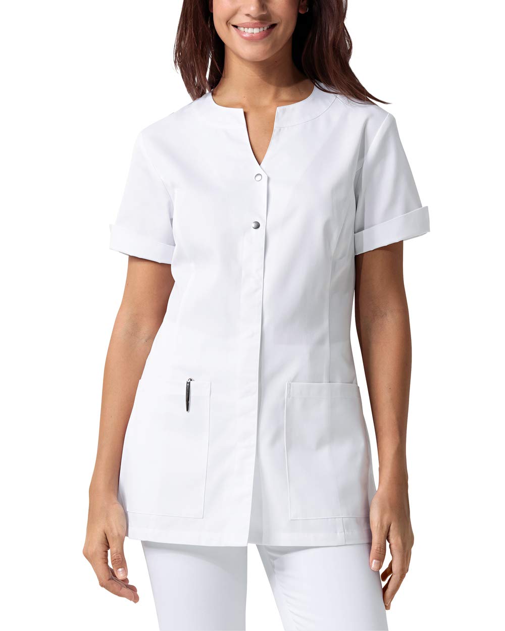 CLINIC DRESS Kasack für Damen leicht tailliert Rundhalsausschnitt verdeckte Druckknopfleiste Ärmelschlitze 2 Seitentaschen 60° Wäsche