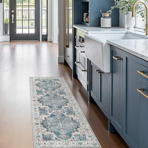 jinchan Runner Rug 2x6 Washable Hallway Rug Vintage Traditional Floor Cover Thin Blue Multi Distressed Floral Indoor Mat for Kitchen Bathroom Bedroom