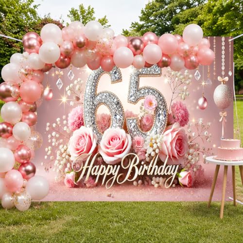 Image of Nuxovilar 65th Birthday Banner - Elegant Pink & Gold Floral Backdrop