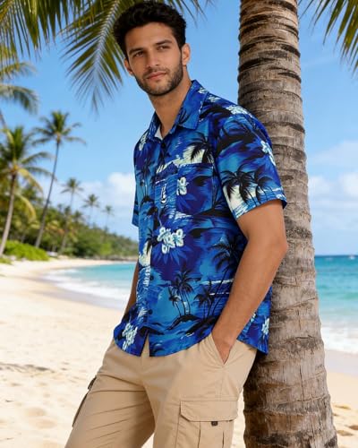Image of Men Hawaiian Shirt Short Sleeve Summer Beach Button Down Shirts with Pocket