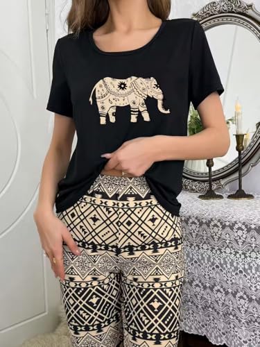 Image of TAGAS Women's Looper Fabric Night Suit Set - Soft Short Sleeve Printed Top with Floral Pajama Pants - Breathable Lightweight 2-Piece Sleepwear & Loungewear Set for Ladies