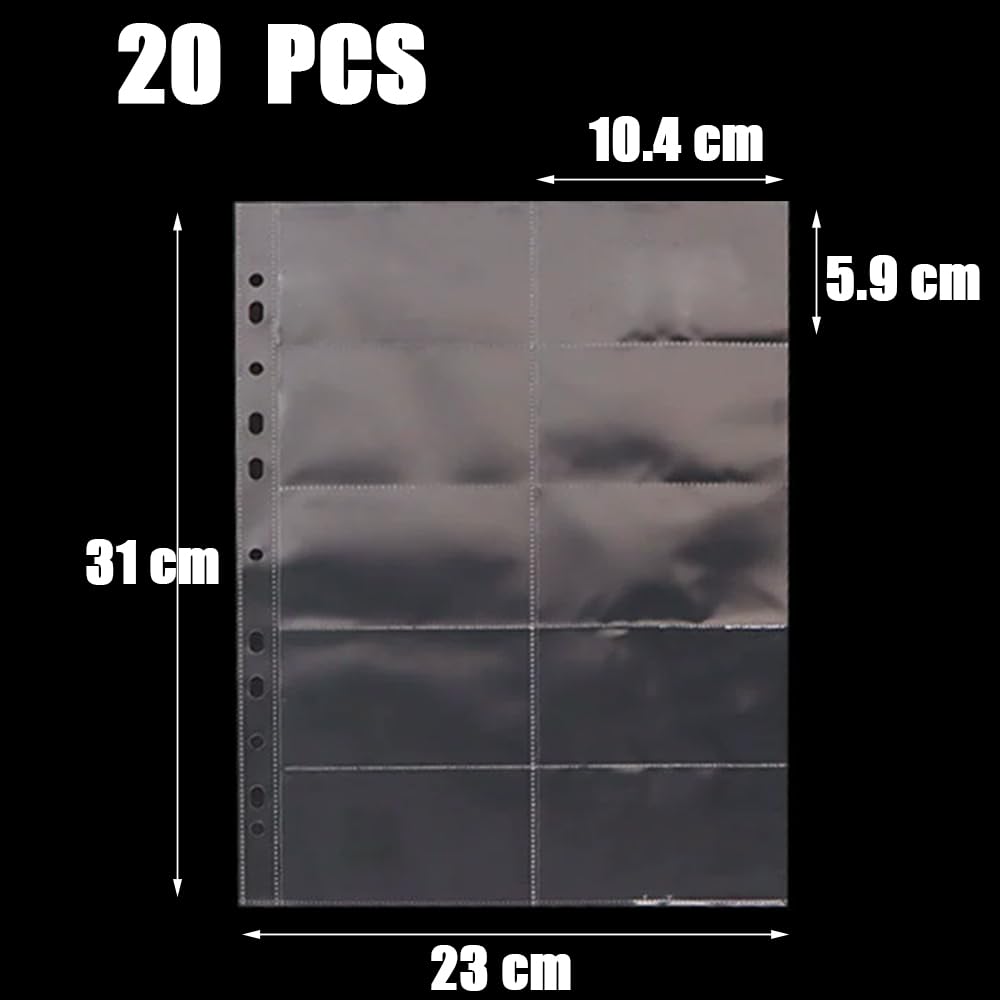 20 páginas para tarjetas de visita transparentes, fundas transparentes para postales A4, bolsillos para tarjetas con 11 perforaciones, con 10 compartimentos, para álbum
