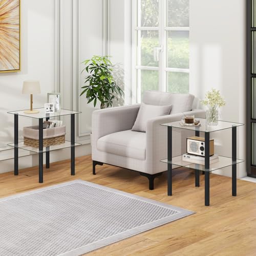Image of GIANTEX Square End Table Set of 2, 2-Tier Sofa Side Table with Clear Tempered Glass Top & Shelf, Small Accent Table with Solid Rubber Wood Legs for Living Room Bedroom Home Office (Black & Clear)