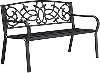 Banco de jardim ao ar livre, banco de terraço de jardim Banco de jardim ao ar livre, bancos de varanda de parque de estrutura de aço de ferro fundido, com assento duplo de varanda de lazer, banco de