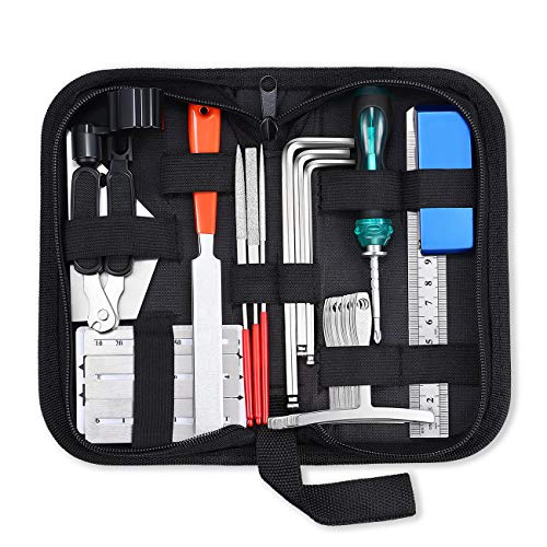 Mifoge 25Pcs Guitar Repairing Tools Kit Setup Kit With Carry Bag For Acoustic Electric Guitar Ukulele Bass Banjo Maintenance Tool With Ruler Gauge Measuring Tool Hex Wrench Files Fingerboard Guard #TOP7
