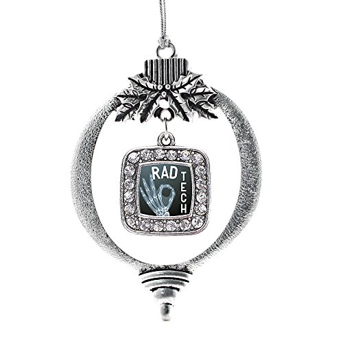 Inspired Silver - Rad Tech - Silver Christmas Ornament - Square Charm Christmas Tree Ornament with Cubic Zirconia - Holiday Hanging Decoration
