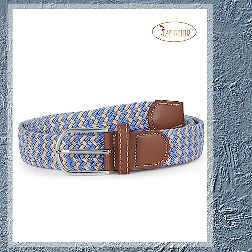 JASGOOD Women Braided Elastic Belt, 1.38'' Width Woven Fabric Belt for Jeans Men Golf Belt with Silver Buckle3