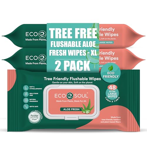 Image of ECO SOUL [Pack of 2, 96 Count] Flushable Extra-Large Adult Wipes-Aloe Fresh| Eco-Friendly Compostable| 99% Purified Water, Hypoallergenic,Soft Wipes, BPA