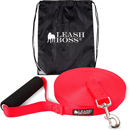 Leash Boss Free Range - Long Dog Leash for Large Dogs - 1 Inch Heavy Duty Nylon Training Lead with Padded Handle - High Visibility Orange - Extra Long Dog Leash (30 Ft)
