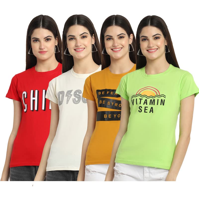 Preneum Zestaw 4 damskich t-shirtów na co dzień z bawełny, proste dopasowanie, nadruk graficzny, krótki rękaw, luźne t-shirty, modne i stylowe