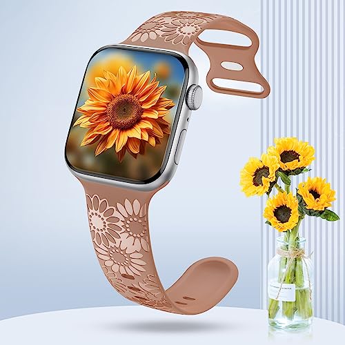 Sunflower Engraved Band Compatible with Apple Watch Bands 38mm 40mm 41mm 42mm 44mm 45mm 49mm Women, Designer Soft Glossy Floral Silicone Strap for iWatch Series Ultra 11 10 9 8 7 6 SE 5 4, Brown42 by ABOVEACC - Image 3