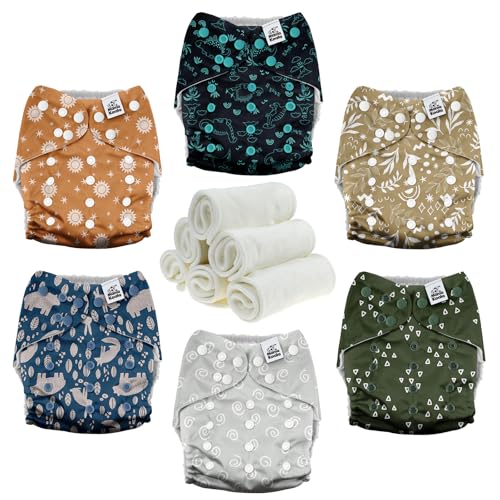 Mama Koala 3.0 Cloth Diapers for Babies with AWJ Lining, 6 Pack with 12 5-Layer Bboo(No Microfiber) Cloth Diaper Inserts - Reusable and Washable Pocket Diapers(12-My Warm Heart)