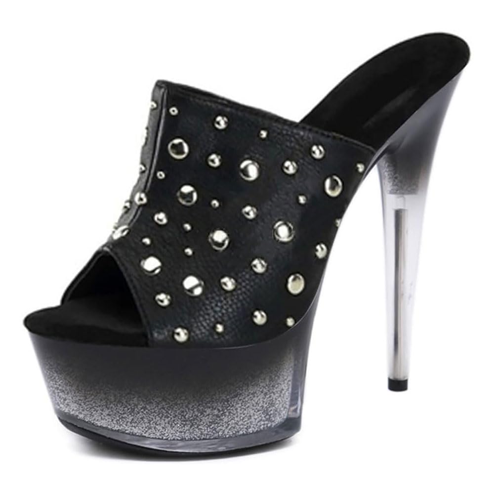Hyfzxwx Women's C Black Rivet High Heels Mules Slip On Sandals Sexy Stripper Lub Pole Dance Wedding Dress Party Shoes Large Size /C/34Eu