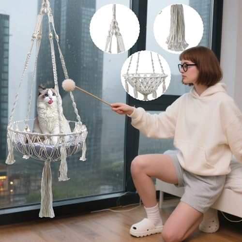 CGACCSD Macrame Hamaca para Gatos - Silla Colgante de en Estilo Boho - Cesta Decorativa para alféizar de Ventana, Escritorio, Almacenamiento, Escalada, Lugar de Descanso para Gatitos - imagen 3