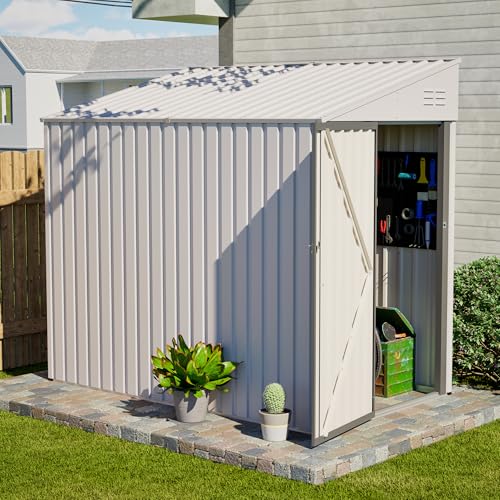 Image of YOPTO 4x7 FT Outdoor Storage Shed,Metal Lean to Storage Shed with Reinforced Beams,All Weather Waterproof Garden Tool House W /Lockable Door and Reversible Installation,for Backyard,Patio,Lawn,White