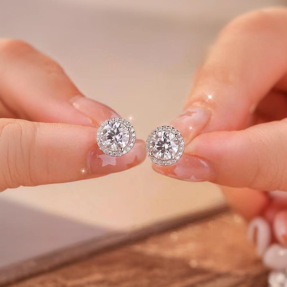 Cubic Zirconia Stud Earrings 925 Sterling Silver Post Halo Bridal Wedding Stud Earrings Hypoallergenic for Women Round/Heart/Square - Image 5