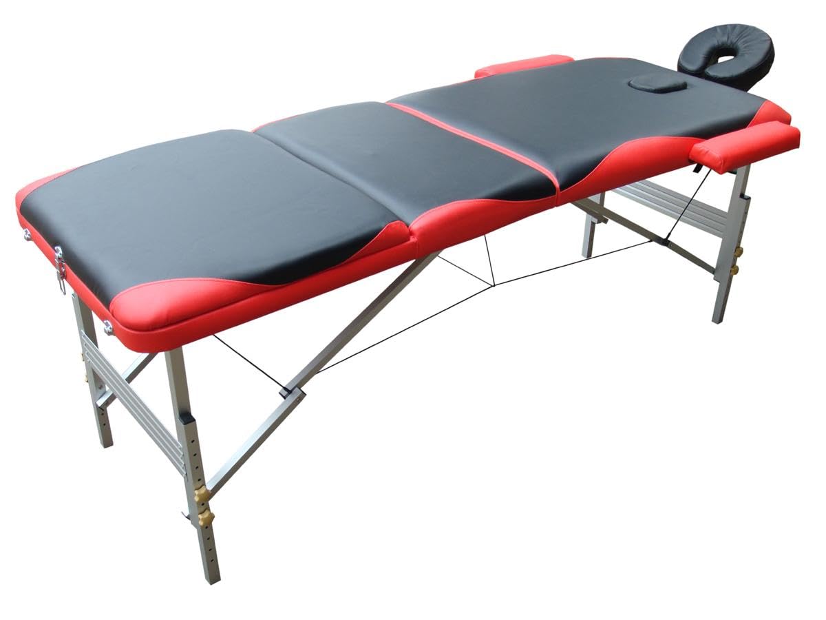Mucola Massageliege 3 Zonen Kosmetikliege Aluminium | klappbar und höhenverstellbar | Portable Massagebank inkl. Zubehör Kopfstütze, Armlehnen und Tragetasche - Schwarz/Orange