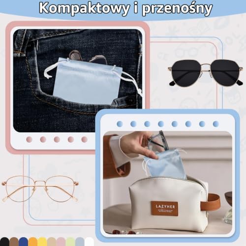 10 sztuk etui na okulary przeciwsłoneczne, z mikrofibry, 18 x 9 cm, etui na okulary w różnych kolorach, czyszczenie okularów i torba do przechowywania, miękki woreczek na okulary ze sznurkiem do