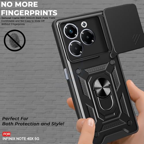 Image of AESTMO Tough Armor Infinix Note 40X 5G Bumper Back Case Cover | Ring Holder & Sliding Camera Shield Cover | 360 Degree Protection Back Case Cover for Infinix Note 40X 5G (Black)