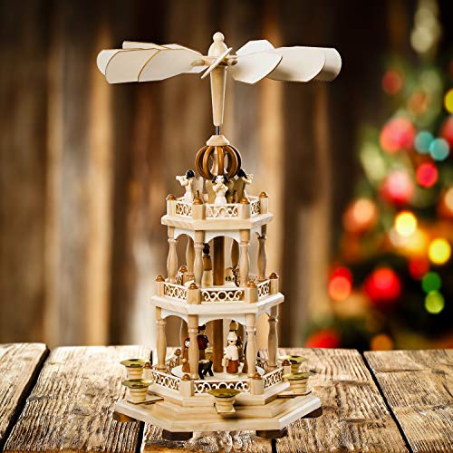 German Christmas Decoration Pyramid - 18 Inches - Wood Nativity Scene Set-Under The Christmas Tree - Table Top Holiday Decor - 3 Tiers Carousel- 6 Candle Holders - German Design. #TOP1