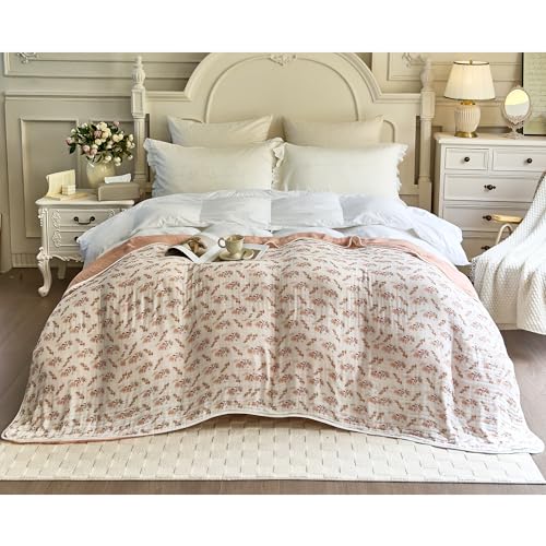 Image of SANACYNA Muslin Blankets 100% Cotton 6-Layer Gauze Queen Floral Bed Blanket Lightweight Soft Breathable Blanket for Sofa Bed Coverlet Both Sides (Floral, Queen 90 inch X 90 inch)
