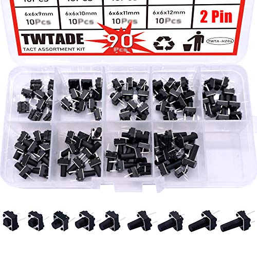 Twtade 90Pcs 2 Pin Tactile Switch Micro Momentary Push Button Switch Tact Assortment Kit 6 X 6 X 4.3/5/6/7/8/9/10/11/12Mm(Each Values 10Pcs) Qc-9V-2P #TOP21