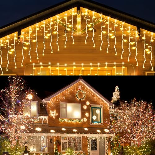 HOSPAOP LED Eisregen Lichterkette Außen Warmweiß 400 LED 10M...