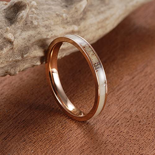 Women's 3mm Rose Gold Titanium Ring with Real Antler Inlaid Wedding Bands3