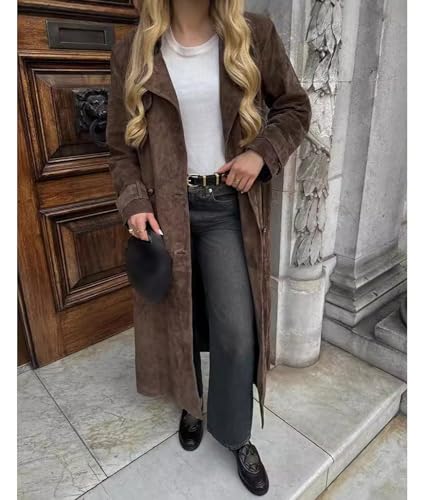 SOMTHRON Women's Faux Suede Long Trench Coat Notched Lapel Double Breasted Jacket Pea Coat Overcoat with Belt4