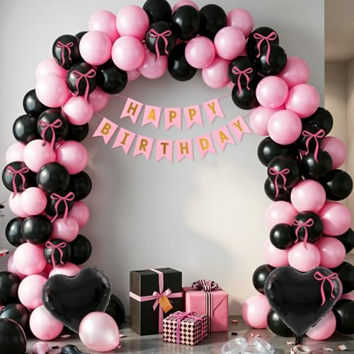 Image of Party Propz Pink Black Happy Birthday Decoration Kit for Girls -27 Pcs, Birthday Decoration Items with Black Heart Foil Balloons, Happy Birthday Banner, Balloons for Birthday, Bday Decor (Cardstock)