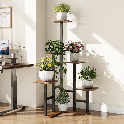 Image of Yzosvki Corner Plant Stand Indoor Set of 2 | 6 Tiered Corner Plant Shelf Flower Stand for Multiple Plants, Plant Shelves Organizer Rack, Rustic Brown
