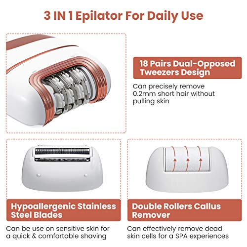 Electric Shaver for Women, Hizek 3 in 1 Epilator Hair Remover Cordless【2021Newest】Including Electric Razor, Foot Callus Remover, Rechargeable Lady Shaver Bikini Trimmer for Arm, Armpit, Bikini, Leg