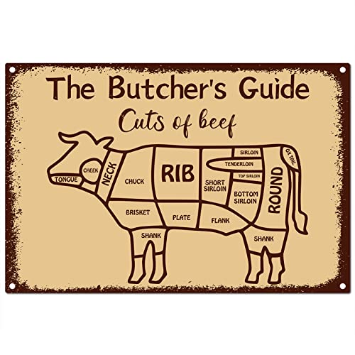 Image of CREATCABIN Butcher Guide Signs Tin Plate Cuts of Beef Butcher's Guide Cow Funny Animal Metal Sign Vintage Kitchen Plaque Retro Decorations for Family Home Restaurant Wall Decor, 8x12Inch