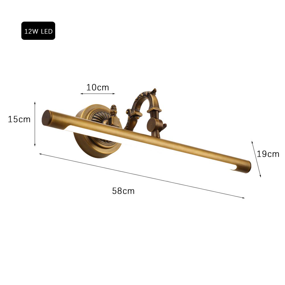 ACMHNC LED Spiegelleuchte Vintage,Schminklicht Spiegellampe Badezimmer Antik Messing Wasserdichte Badlampe Spiegel Wandleuchte 4000k Winkel Einstellbar Schrankleuchte,Ø58CM/12W